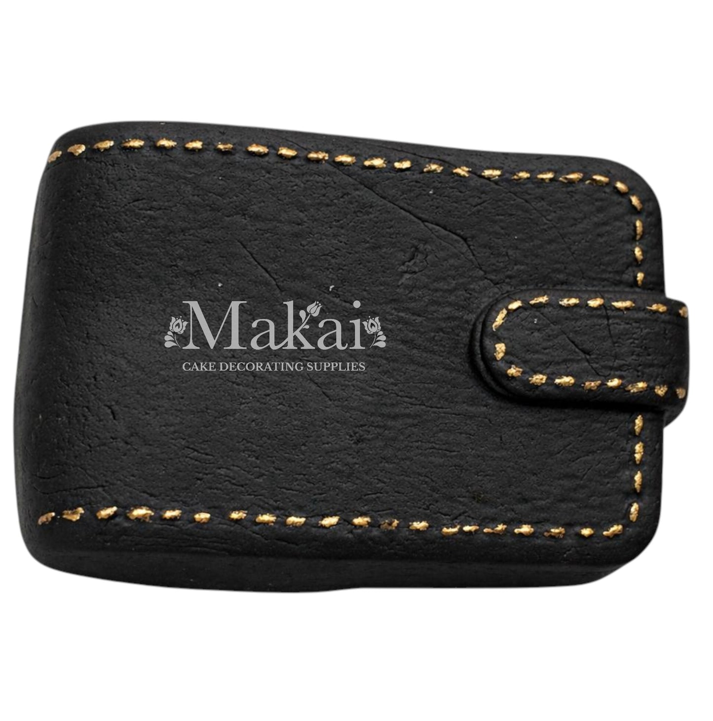 Black gentleman wallet cake topper with gold stitching details for luxury birthday cakes
