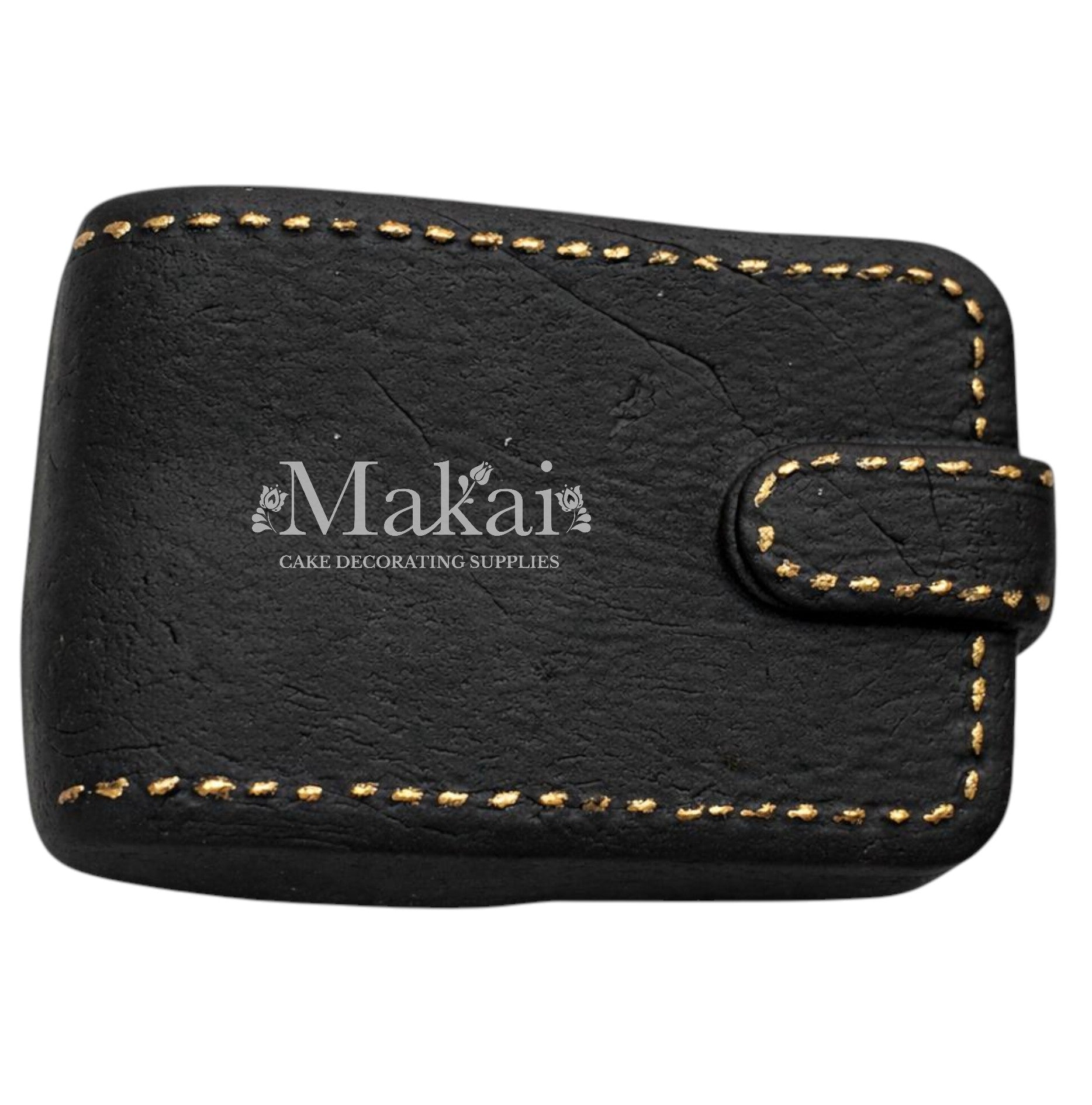 Black gentleman wallet cake topper with gold stitching details for luxury birthday cakes