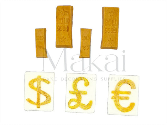 Edible gold bars and currency symbols cake topper set – includes Euro, Pound and Dollar signs