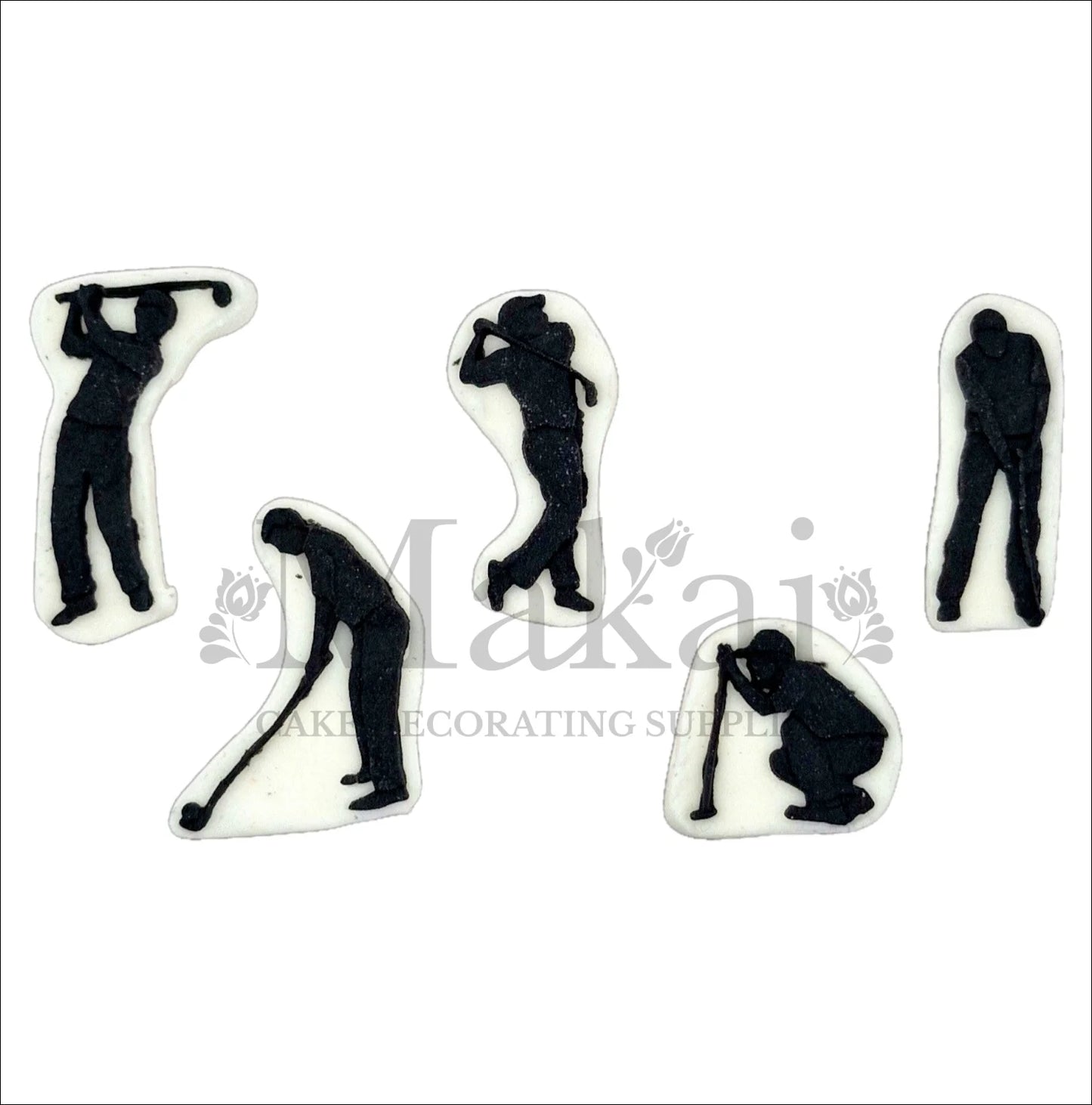 Black and white golf silhouette cake topper set showing golfers in various swing positions.