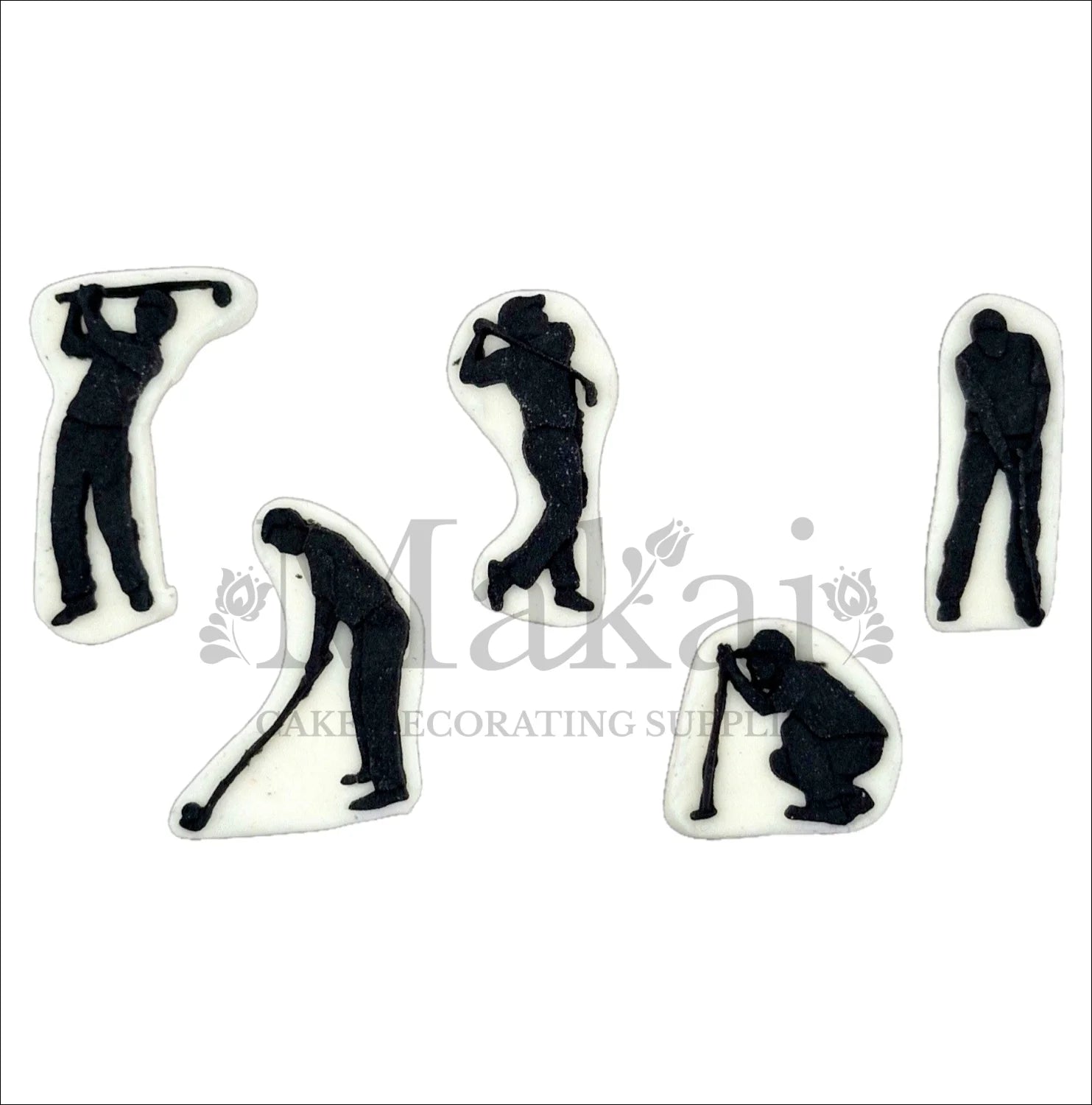 Black and white golf silhouette cake topper set showing golfers in various swing positions.