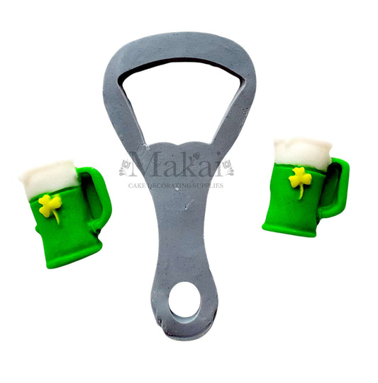 Edible green beer mug and bottle opener cake topper set – Makai Cake Decorating Supplies