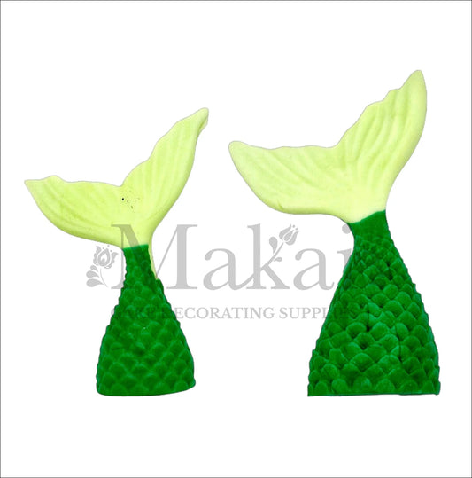 Edible dual-tone green mermaid tail cake topper with dark green scales and light green fin for sea-themed cake decoration.