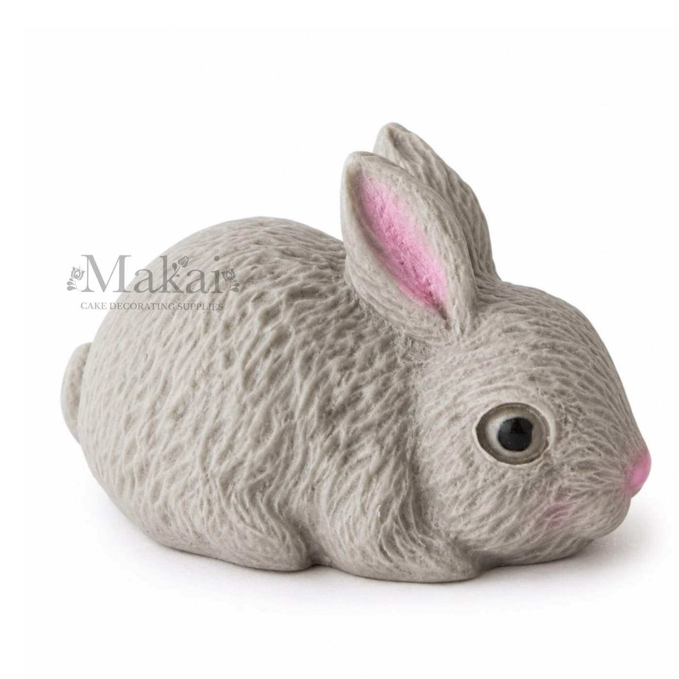 Grey rabbit fondant cake decoration with pink ears and detailed fur texture for animal themed cakes