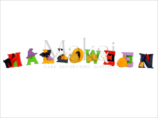 Edible Halloween letter cake topper with spooky decorations – ghost, bat, pumpkin, witch hat, and more