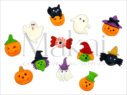 Edible Halloween cake toppers mix including pumpkins, witches, ghosts, black cats and spiders