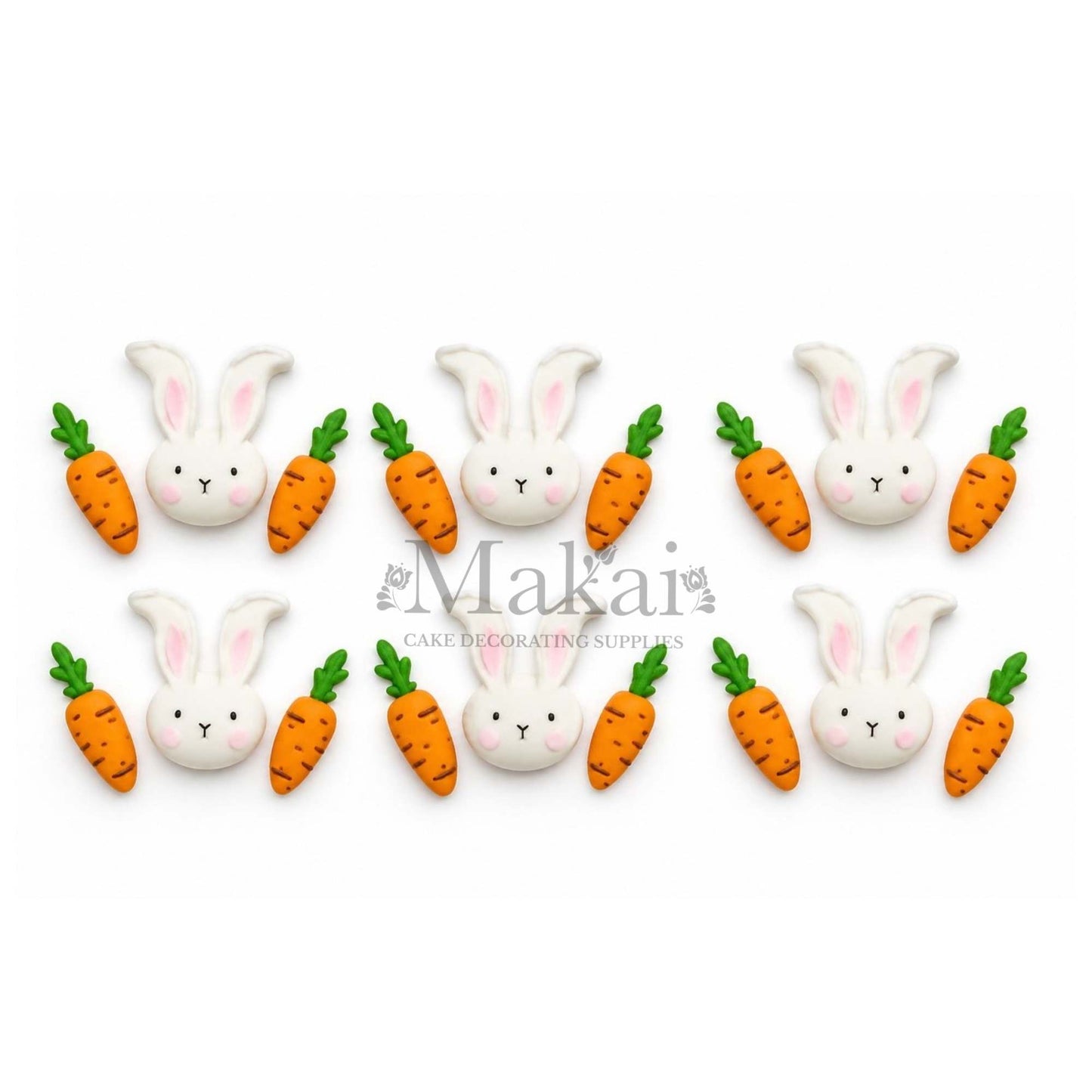 Handmade fondant bunny and carrot cake decorations, six-piece set for Easter, spring and rabbit themed cakes