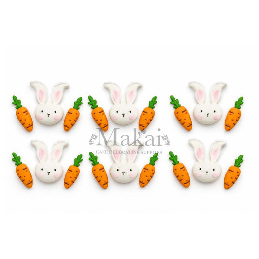 Handmade fondant bunny and carrot cake decorations, six-piece set for Easter, spring and rabbit themed cakes