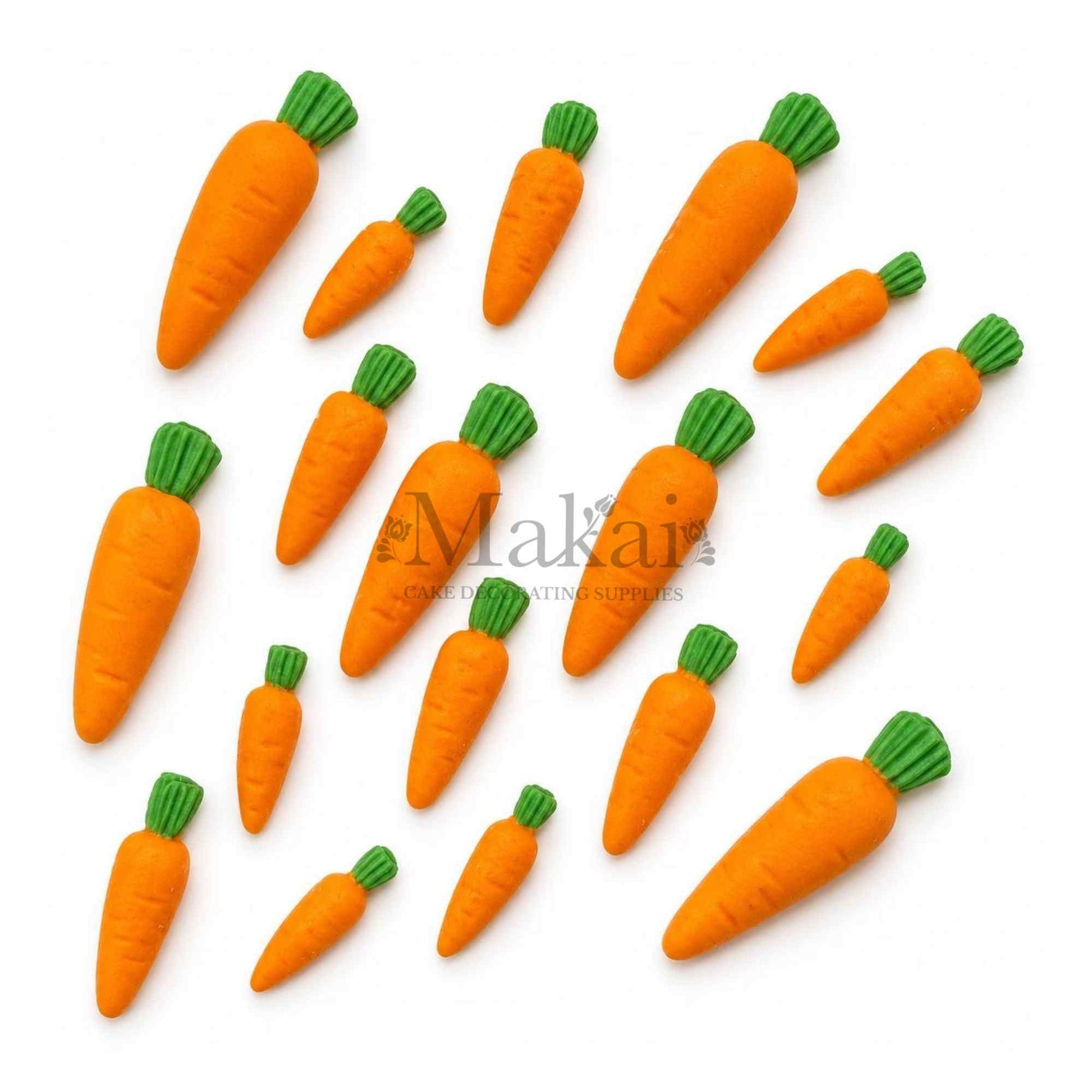 Handmade fondant carrot cake decorations in mixed sizes for Easter, bunny, garden and spring themed cakes