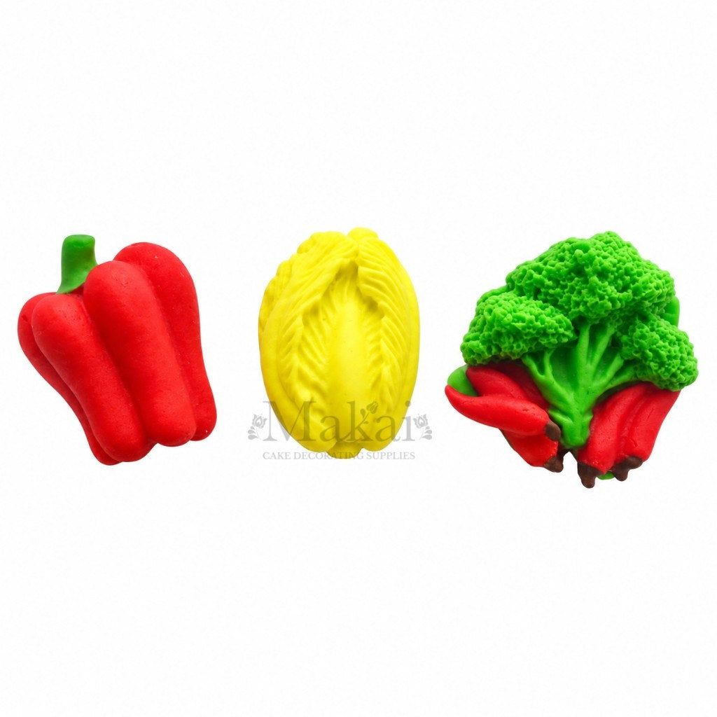 Set of three colourful fondant vegetable cake decorations for farm and garden themed cakes