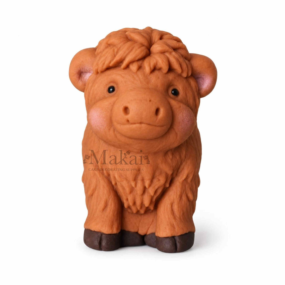 Large Highland cow fondant cake topper with brown textured fur for farm themed cakes. Front view