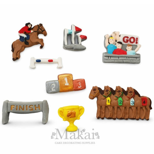 complete horse racing fondant cake decoration set with horses rider fans finish line and trophy