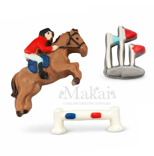 horse racing fondant cake decoration set with jumping horse and obstacles