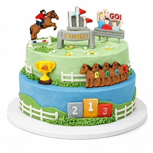 Two-tiered cake with horse racing theme, including horses, jockey, and finish line.