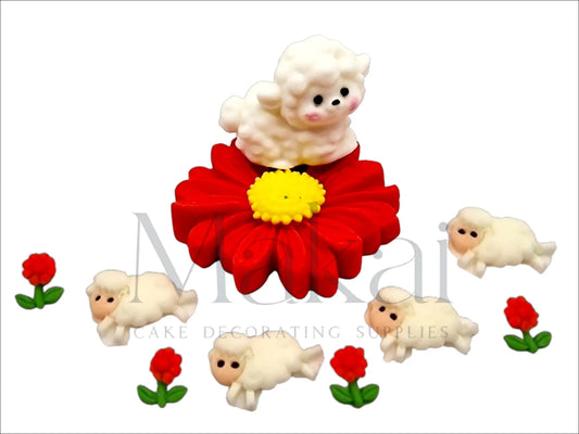 Large red flower, lying lamb, small lambs, and small red flowers fondant cake decoration set.
