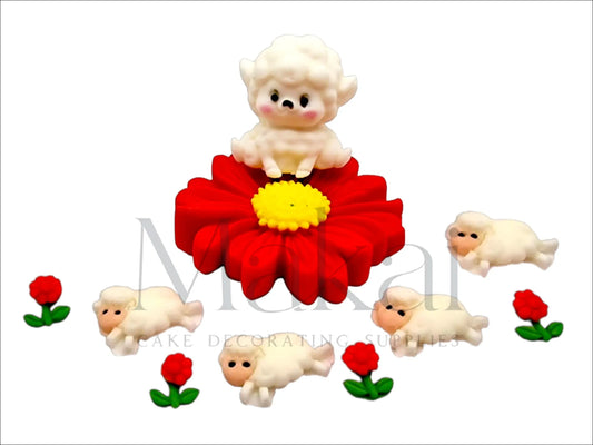 Large red flower, sitting lamb, small lambs, and small red flowers fondant cake decoration set.