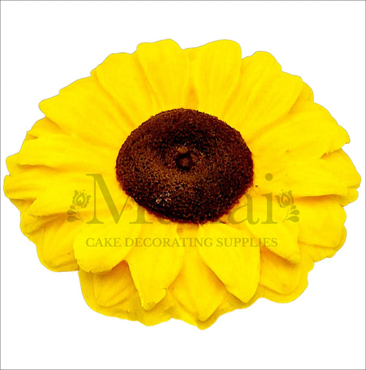 Large yellow sunflower cake topper with brown centre.