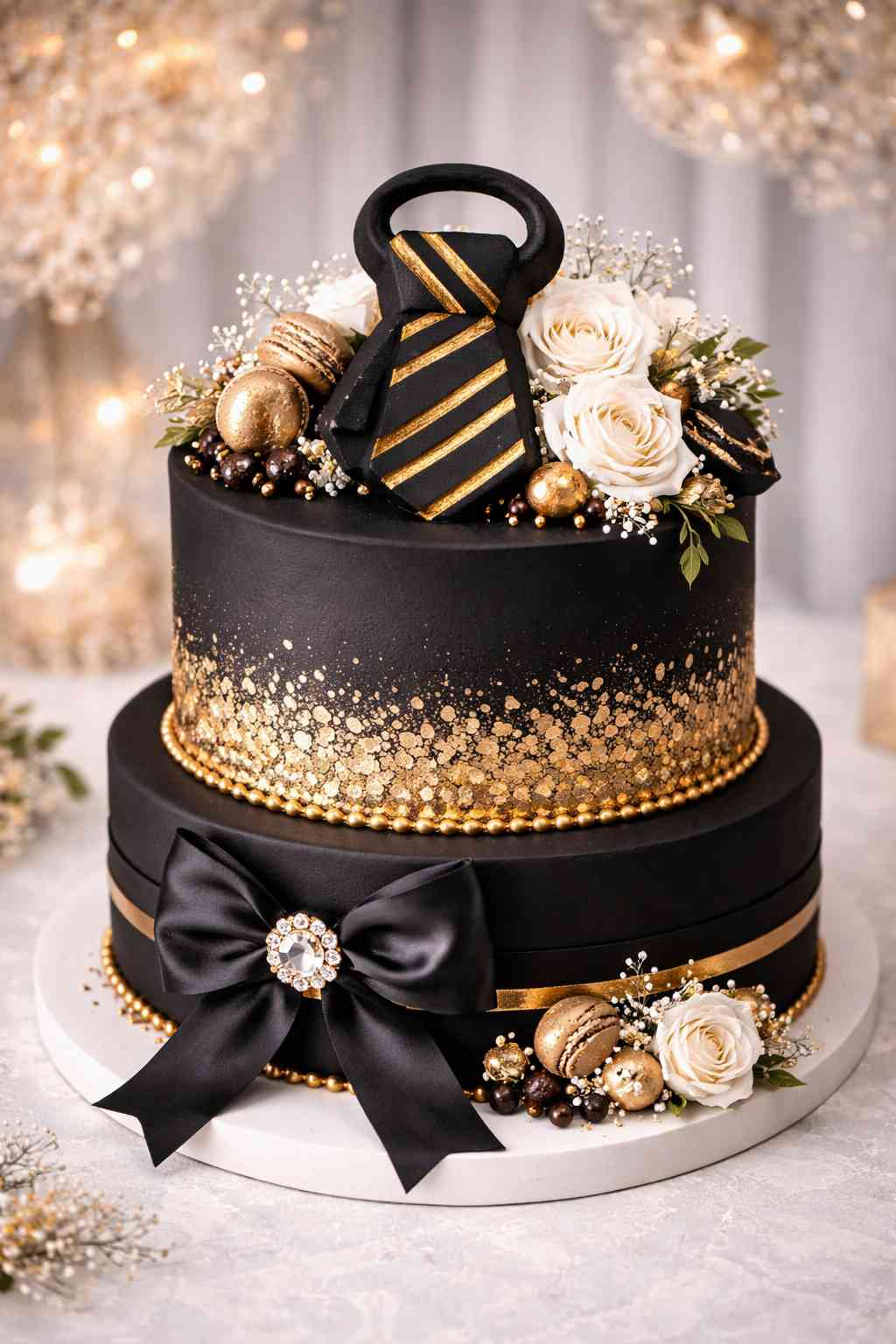 Luxury black and gold wedding cake with elegant black tie cake decoration and floral details