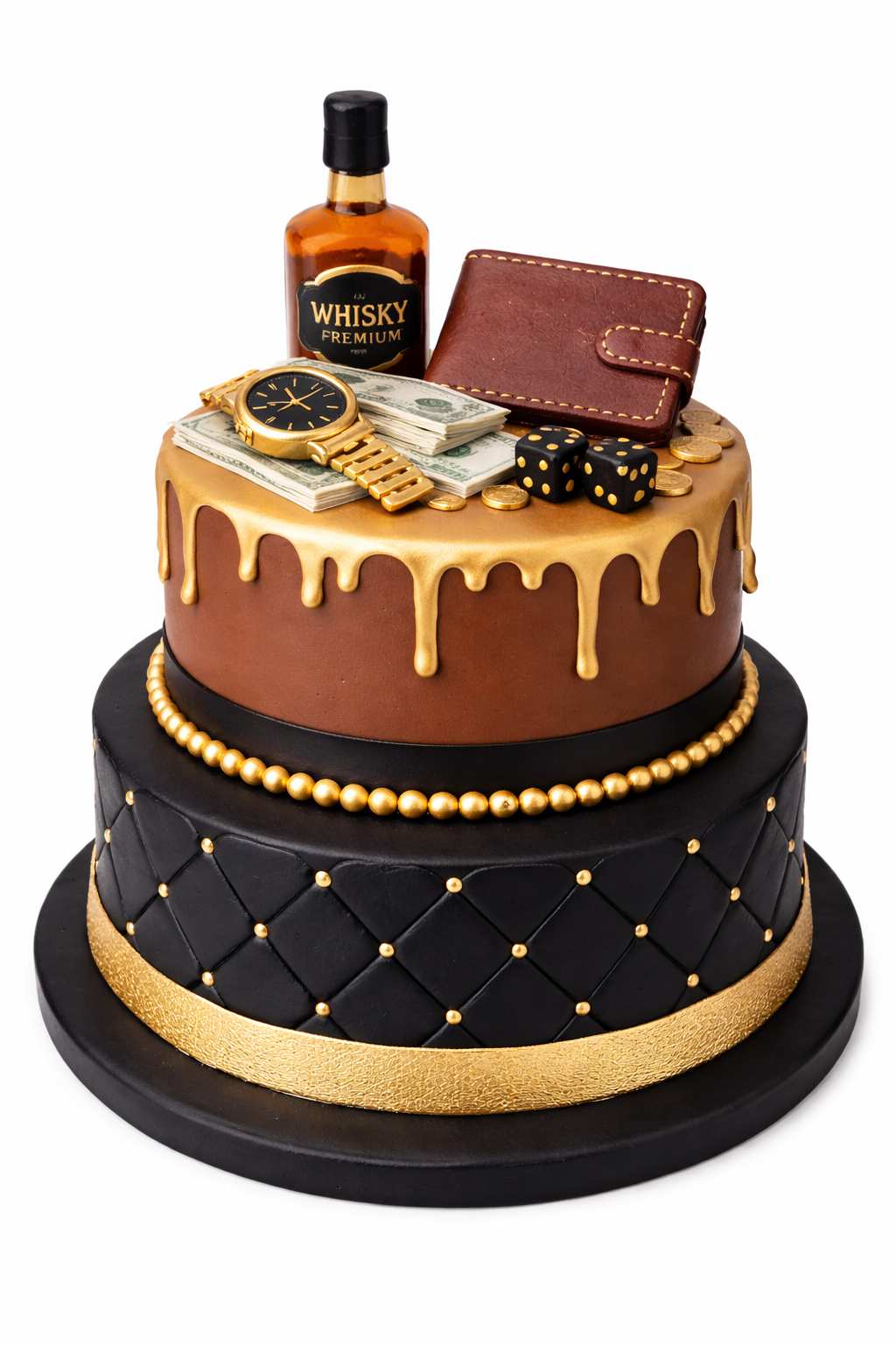 Luxury two tier gentleman style cake with wallet inspired fondant decoration and elegant neutral colour palette