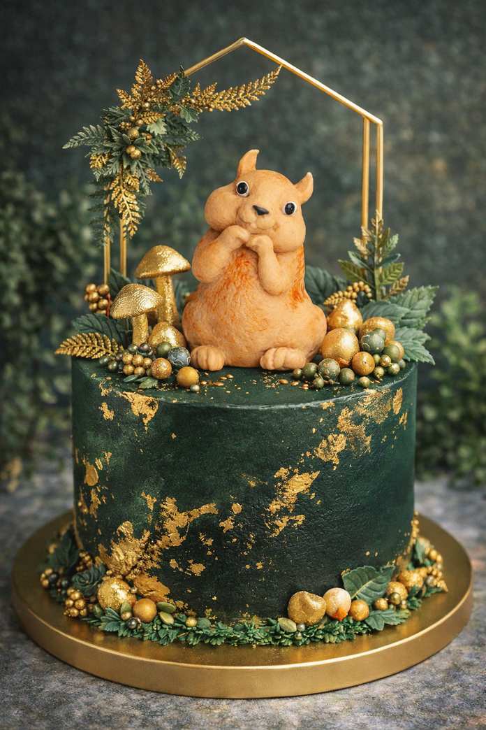Decorative cake with a squirrel edible  fondant figurine, mushrooms, and foliage on a dark green background.