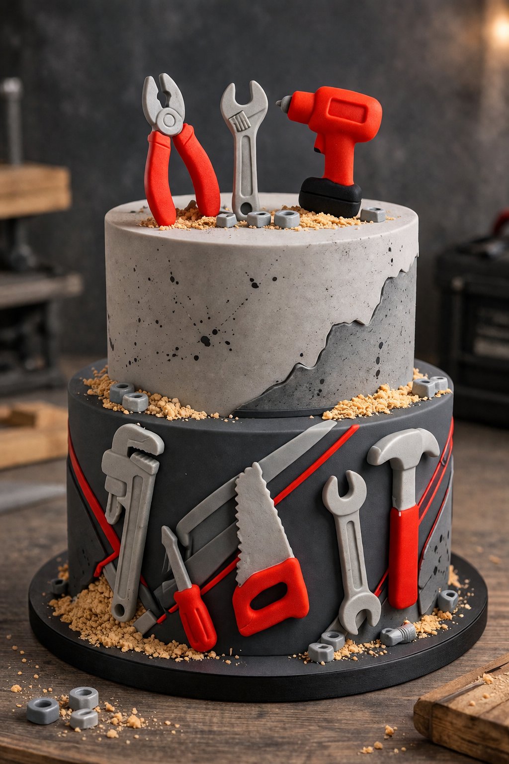 Large tool cake decoration set with red and grey fondant tools for construction themed cakes