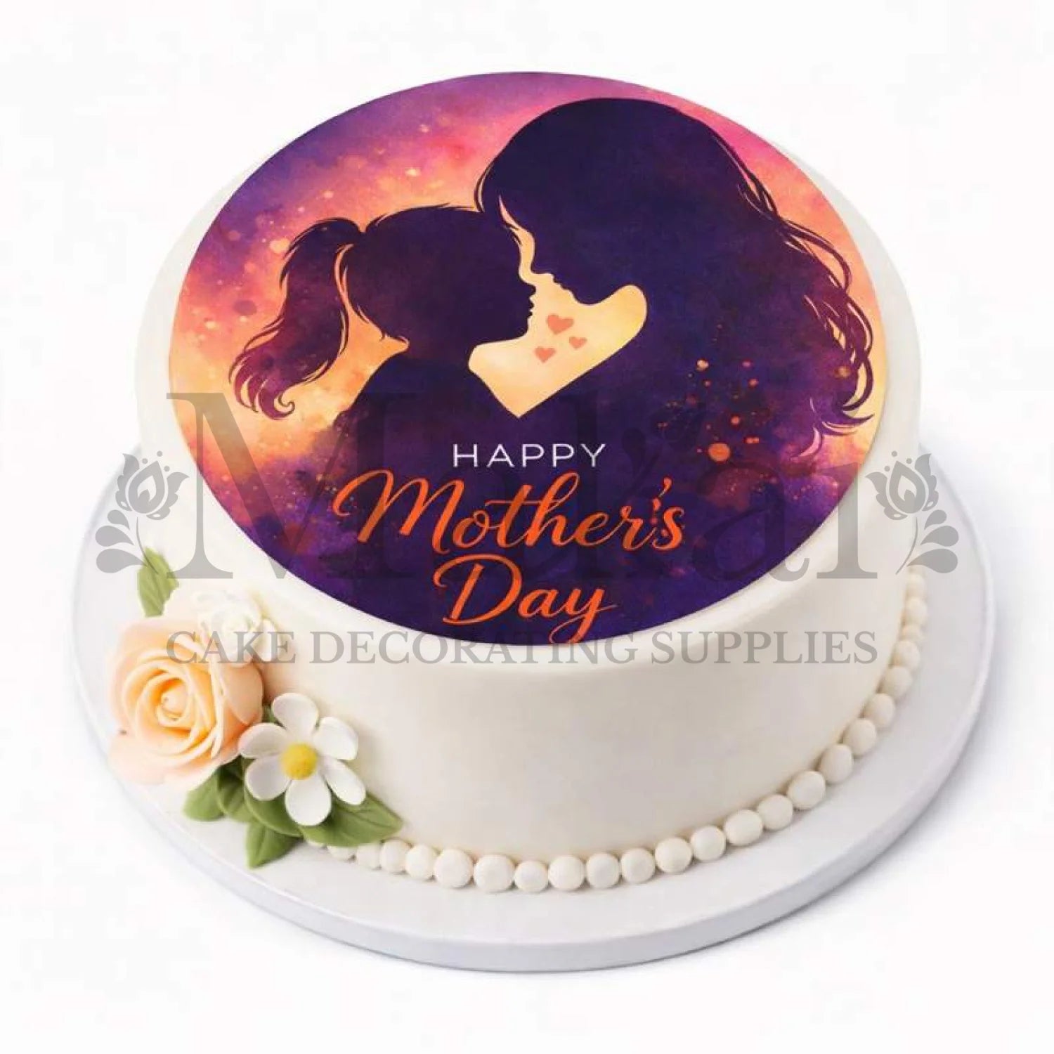 Mother's Day cake with a silhouette of a couple and 'Happy Mother's Day' text on a white background.