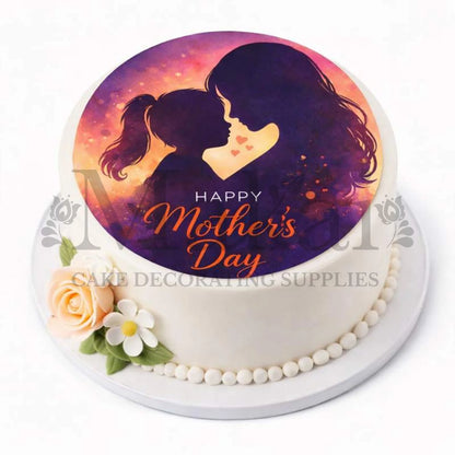 Mother's Day cake with a silhouette of a couple and 'Happy Mother's Day' text on a white background.