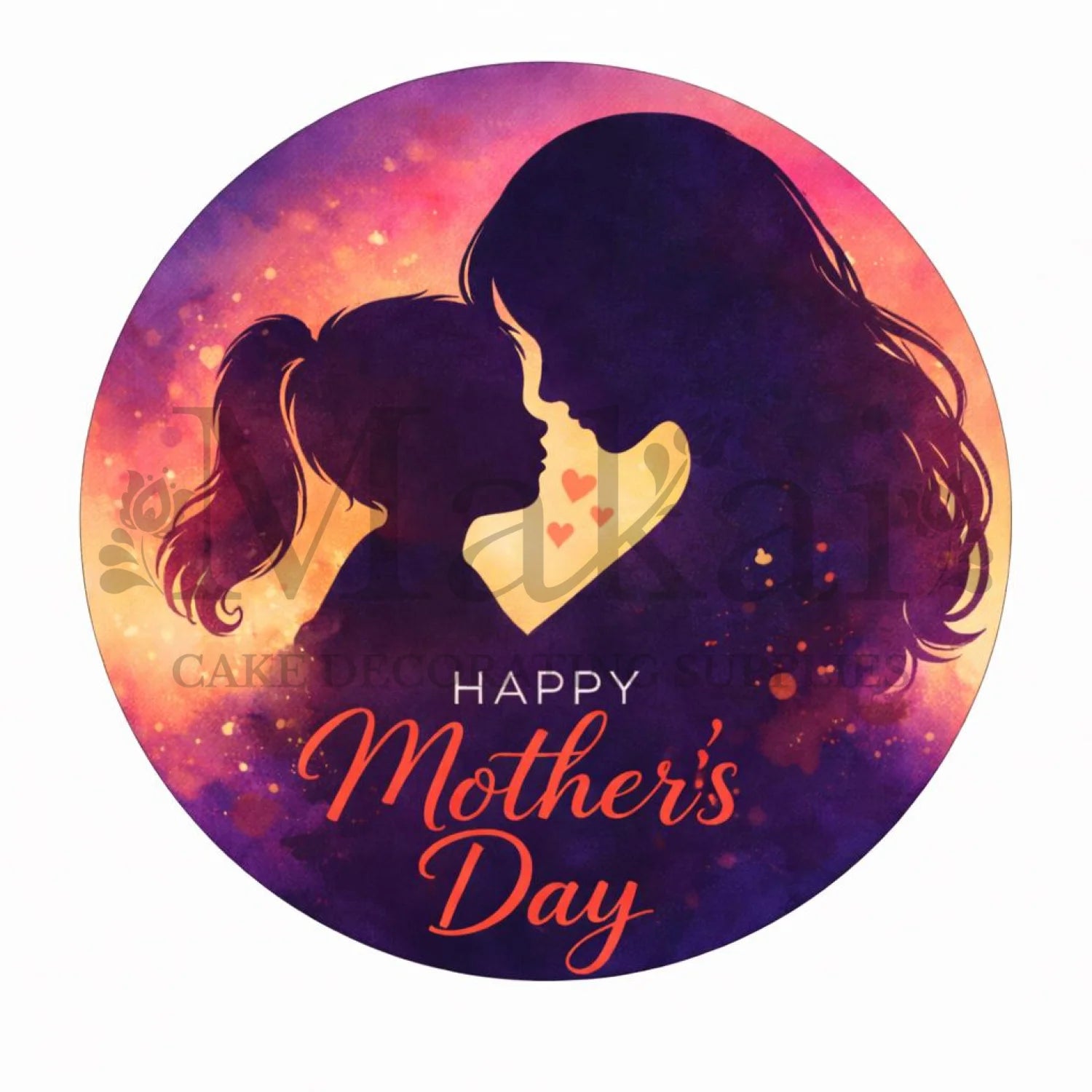 Mother's Day edible printed wafer paper, icing sheet with silhouette of a woman and a girl, heart, and 'Happy Mother's Day' text on a colorful background.