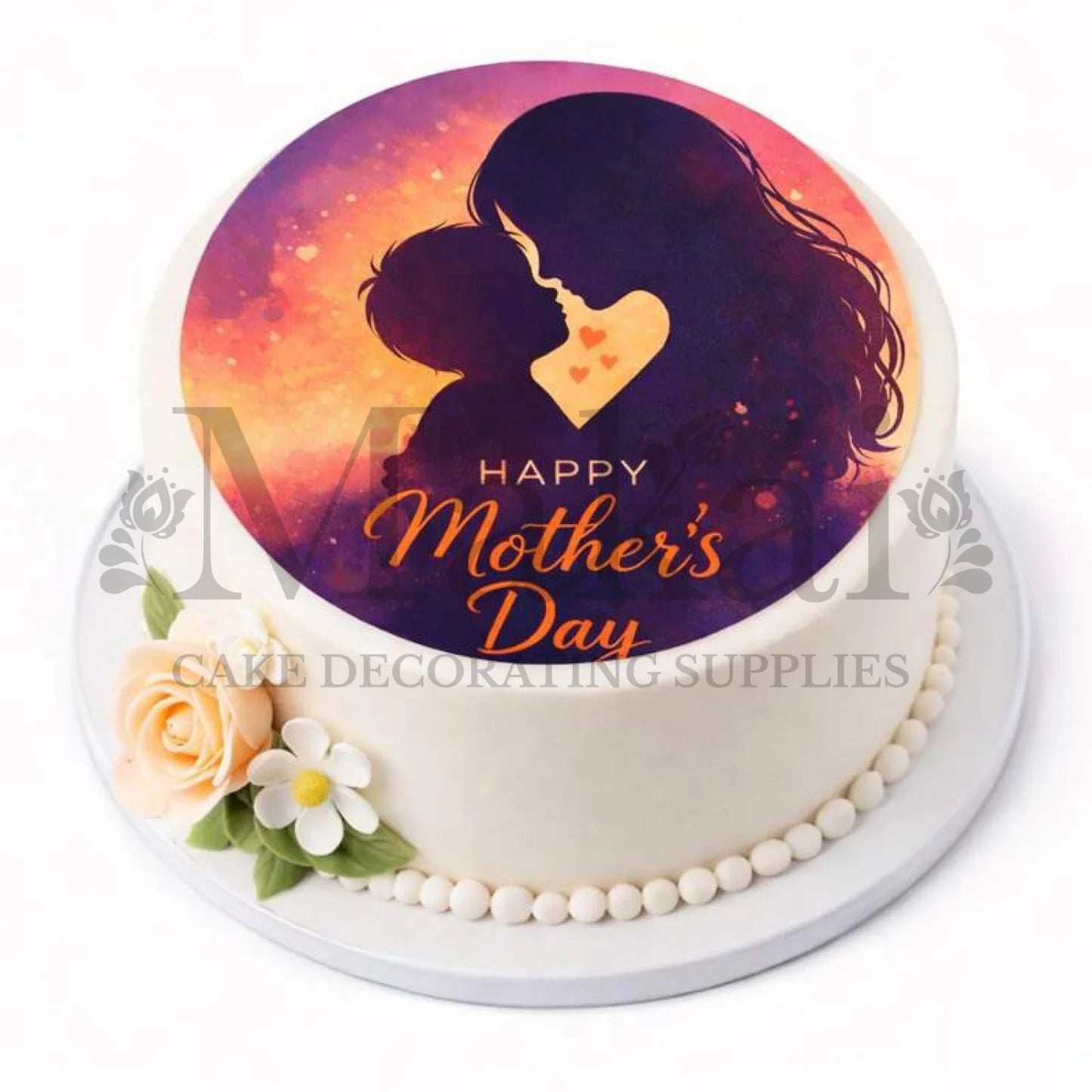 Mother's Day cake with silhouette of a woman and child, flowers on a white background