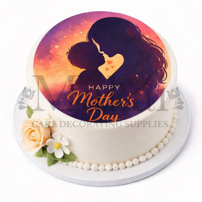 Mother's Day cake with silhouette of a woman and child, flowers on a white background