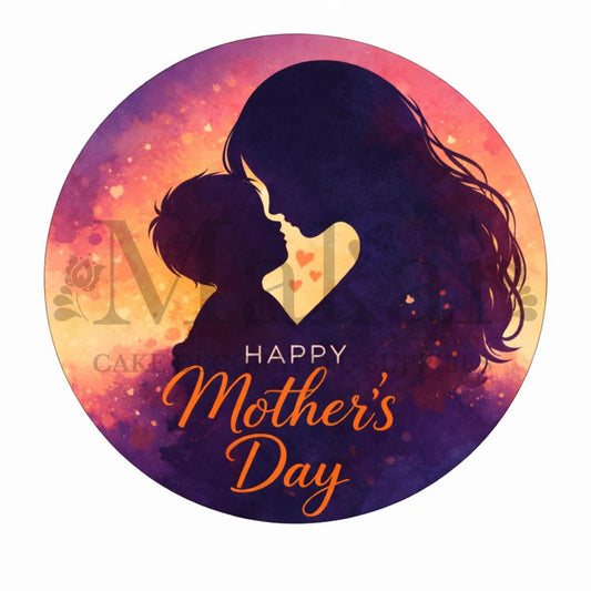Mother's Day edible cake topper with silhouette of a woman and child kissing, colourful background