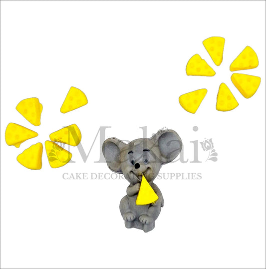 Edible mouse cake topper set with grey mouse figurine holding cheese slice and loose yellow cheese wedges.