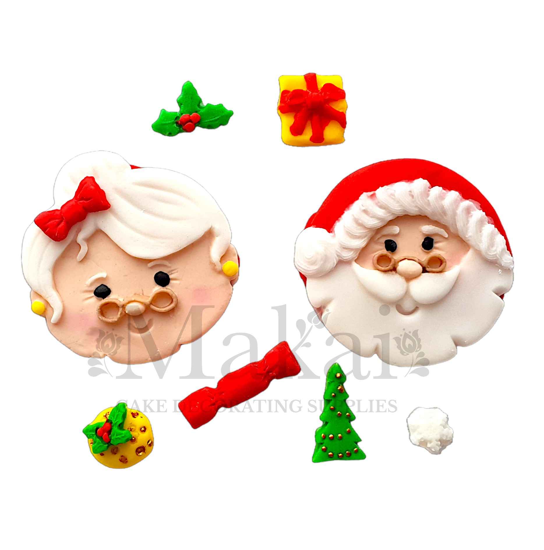 Santa and Mrs Claus fondant Christmas cake topper decorations – handmade edible festive cake toppers by Makai Cake Decorating Supplies.