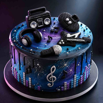 Music themed birthday cake with fondant guitar, headphones and microphone decorations.