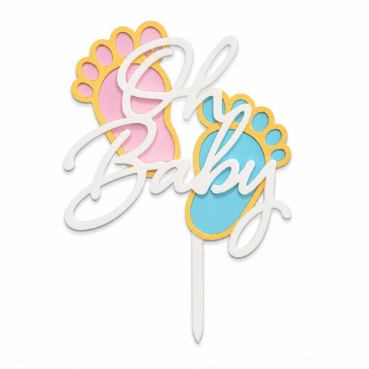 Oh Baby baby shower cake topper with pink and blue baby feet decoration