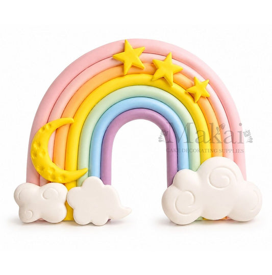 Pastel rainbow cake topper with clouds moon and stars edible cake decoration