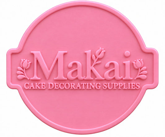 Pink personalised cookie stamp with custom Makai logo for fondant and cookie embossing