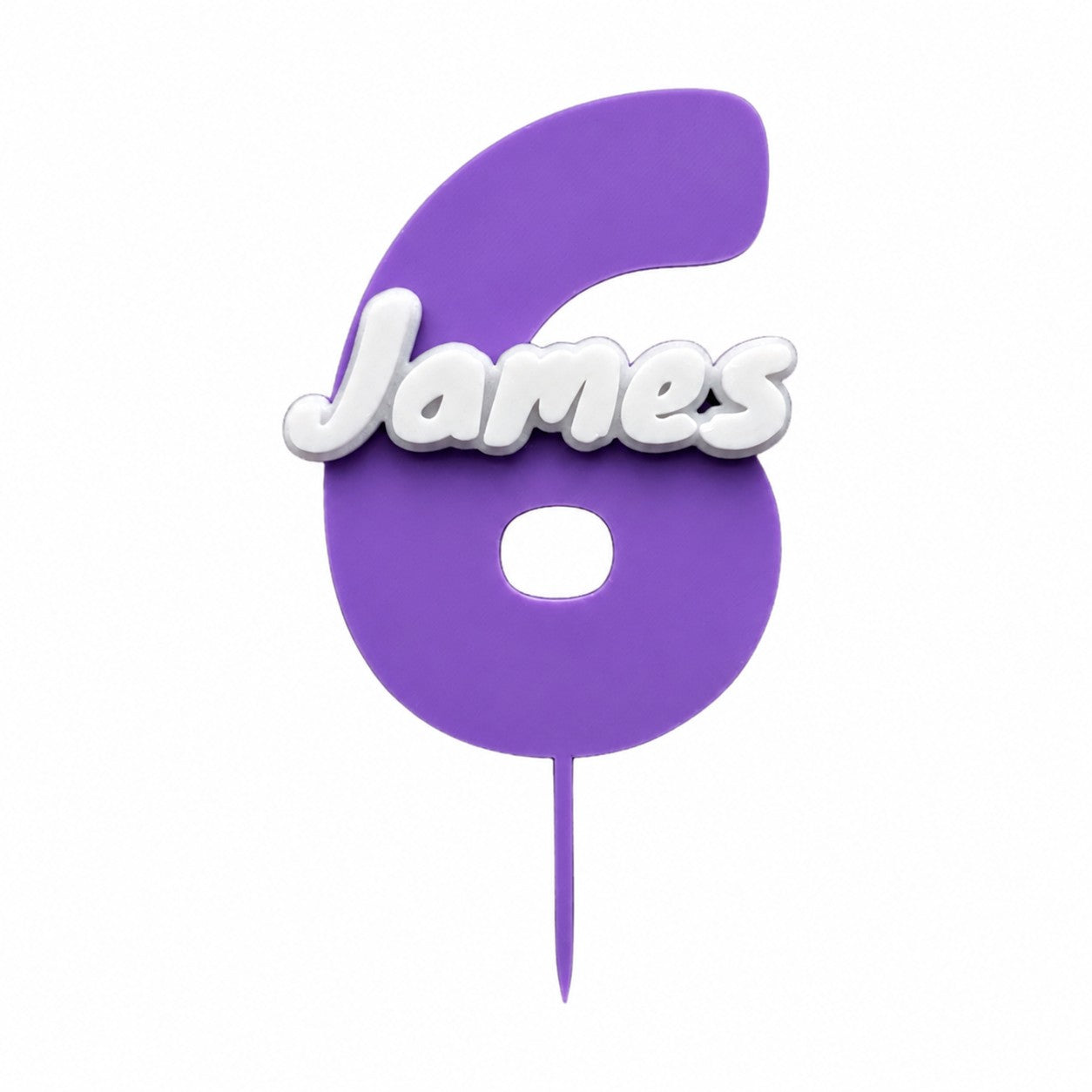Purple number 6 cake topper with 'James' on a white background