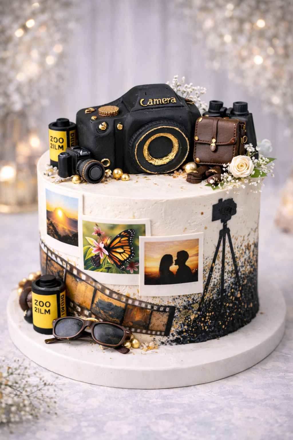 Photography themed cake with black and gold camera cake topper, film strip details and photo inspired decorations