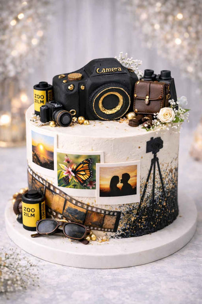 Photography themed cake with black and gold camera cake topper, film strip details and photo inspired decorations