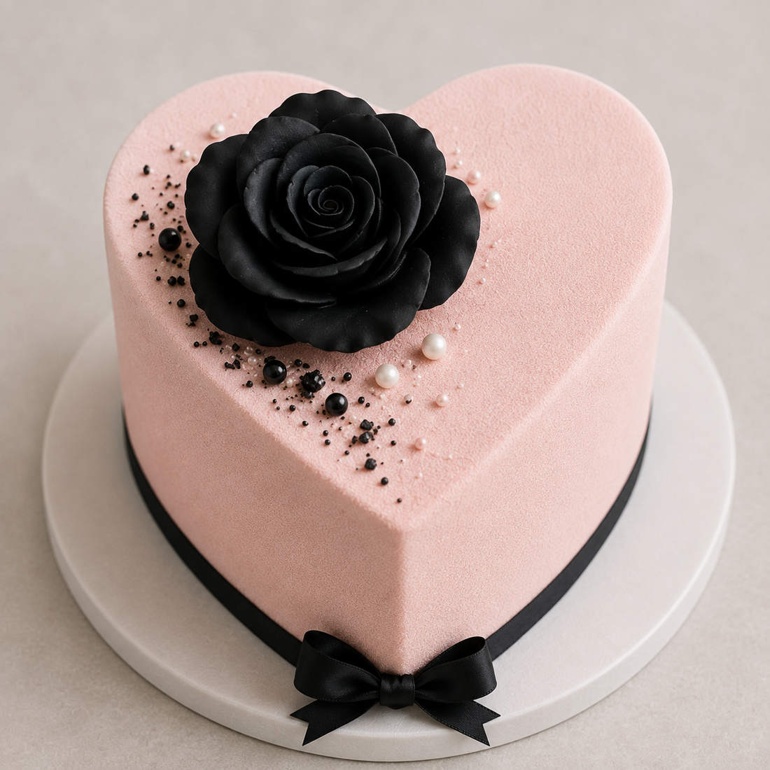 Elegant pastel pink heart-shaped cake decorated with a large black rose, pearls and black ribbon.