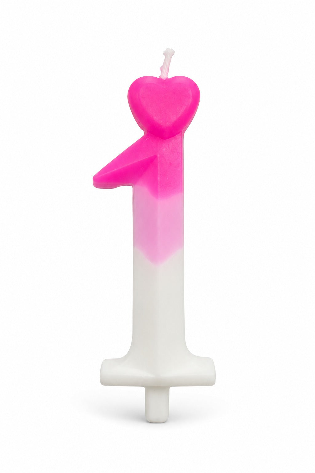 A novelty candle shaped like the number one, featuring a bright pink top section with a heart-shaped tip and a white body, shown on a plain white background.