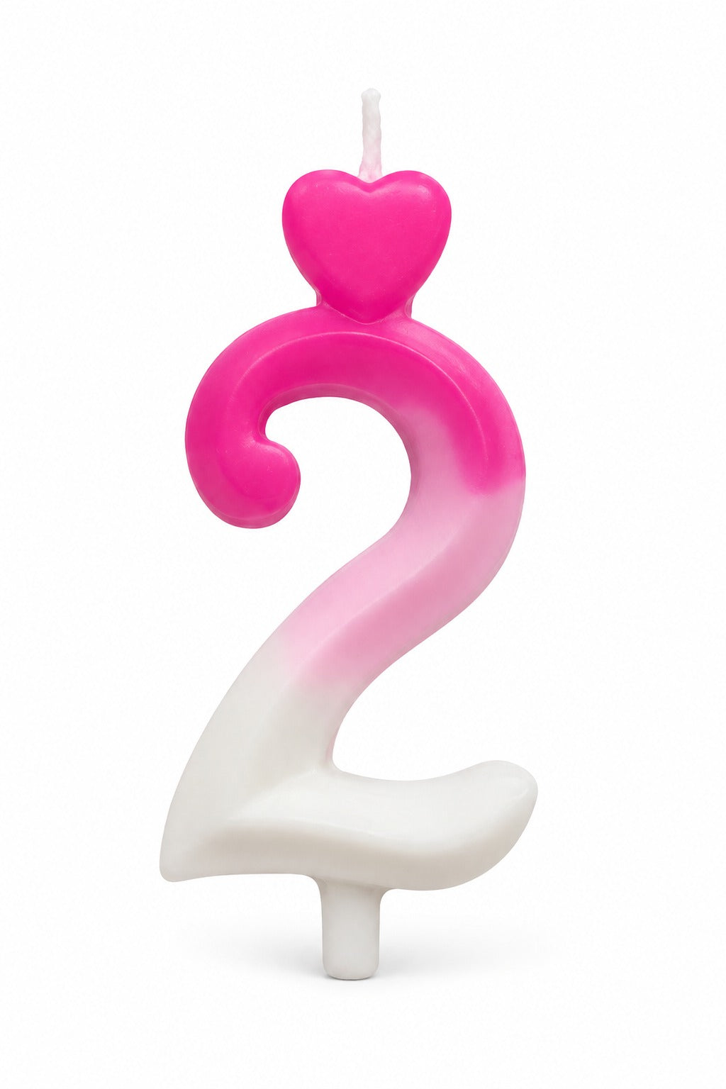 A novelty birthday candle shaped like the number 2, featuring a pink-to-white gradient body with a small pink heart on top and a white wick, shown on a plain white background.