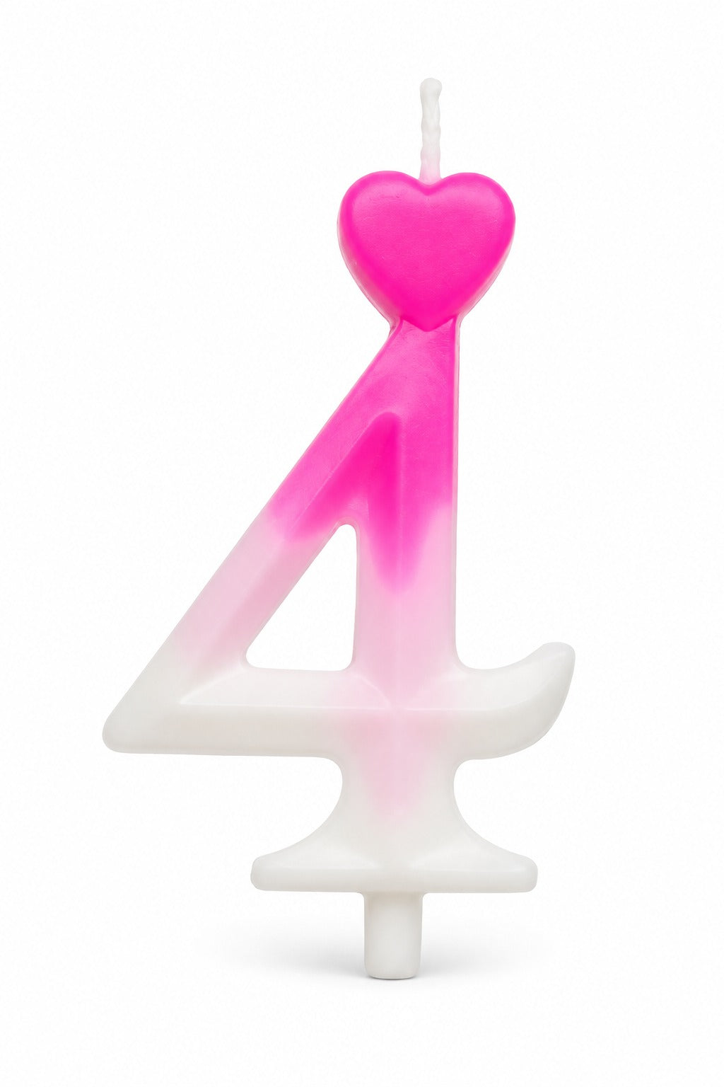 A novelty birthday candle shaped like the number 4, featuring a pink-to-white gradient body with a bright pink heart on top and a white wick, set against a plain white background.