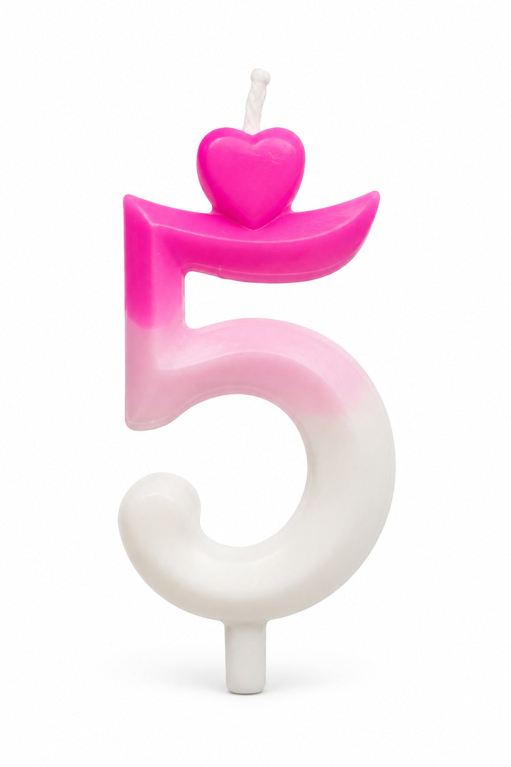 A novelty birthday candle shaped like the number 5, featuring a pink-to-white gradient body with a small pink heart on top, shown on a plain white background.