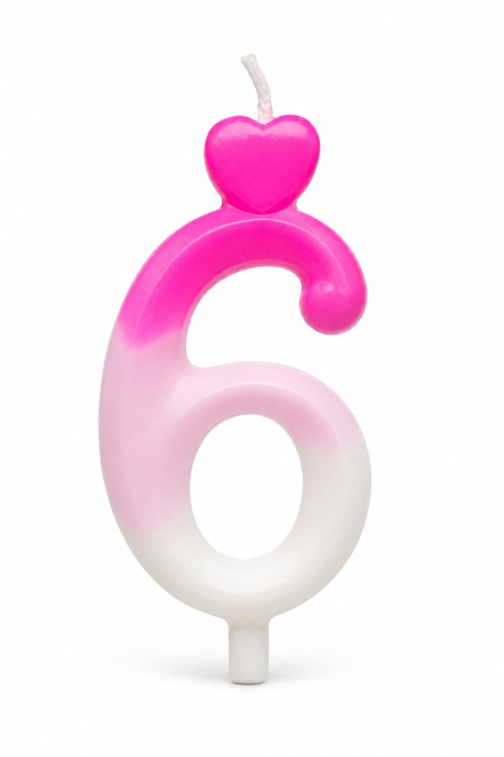 A novelty birthday candle shaped like the number 6, featuring a vibrant pink-to-white gradient body with a small pink heart on top and a white wick, set against a plain white background.