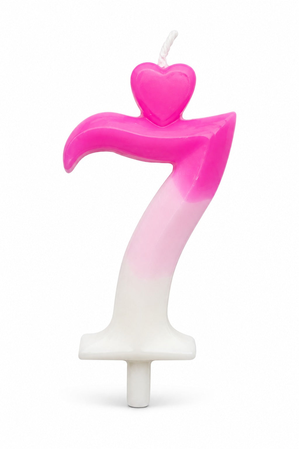A novelty birthday candle shaped like the number 7, featuring a pink-to-white gradient body with a small pink heart on top and a white wick, shown on a plain white background.