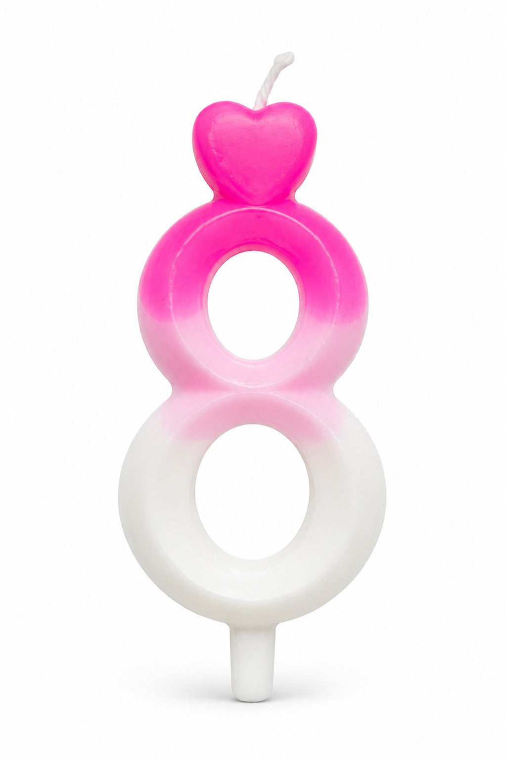 An 8-shaped birthday candle with a pink-to-white gradient top half and a solid white bottom half, featuring a small pink heart on the wick, set against a plain white background.