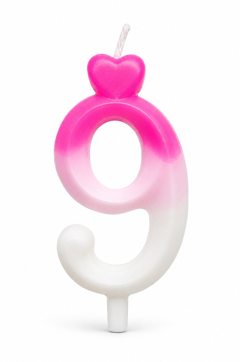 A novelty candle shaped like the number 9, featuring a pink-to-white gradient body with a small pink heart on top and a white wick, shown on a plain white background.