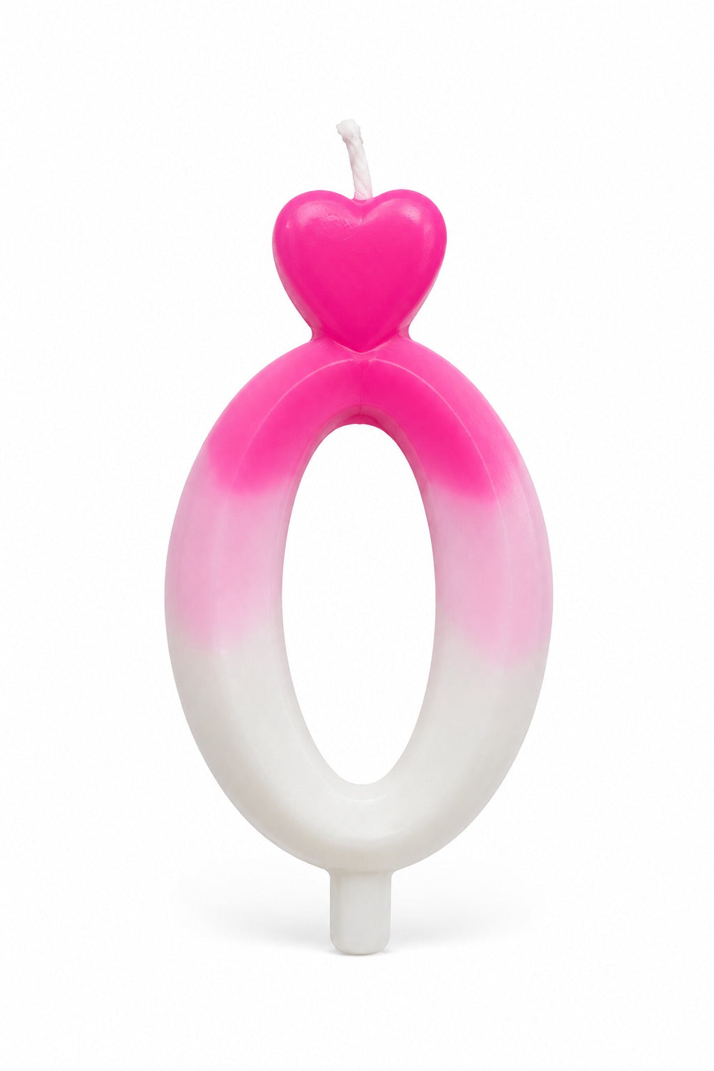 A novelty birthday candle shaped like the number zero, featuring a vibrant pink-to-white gradient body with a small pink heart on top and a white wick.